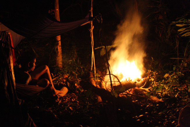 A forest ranger at a night camp